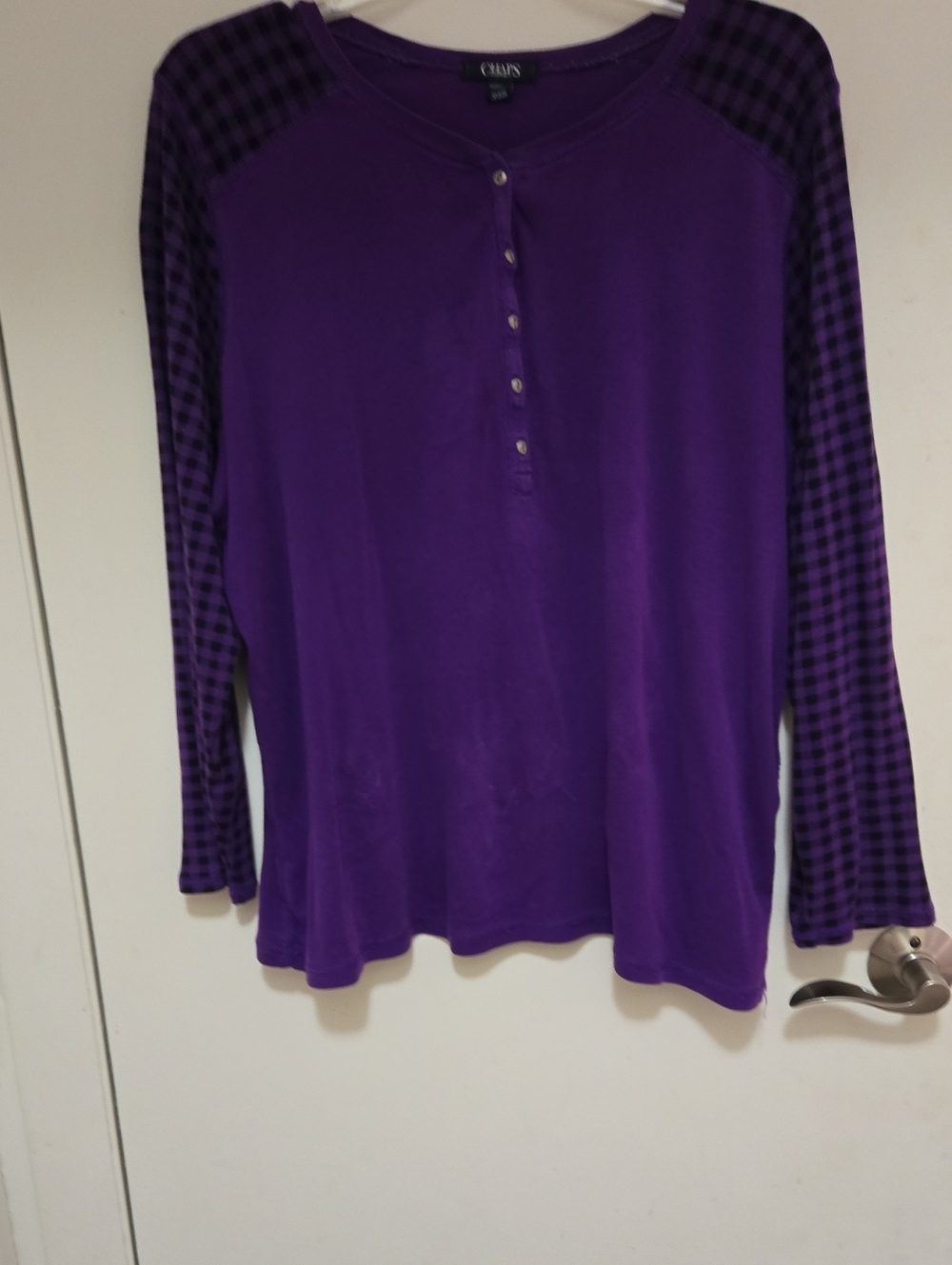 Chaps Purple Long-Sleeve Top with Plaid Sleeves and a Matching Sleeveless Vest